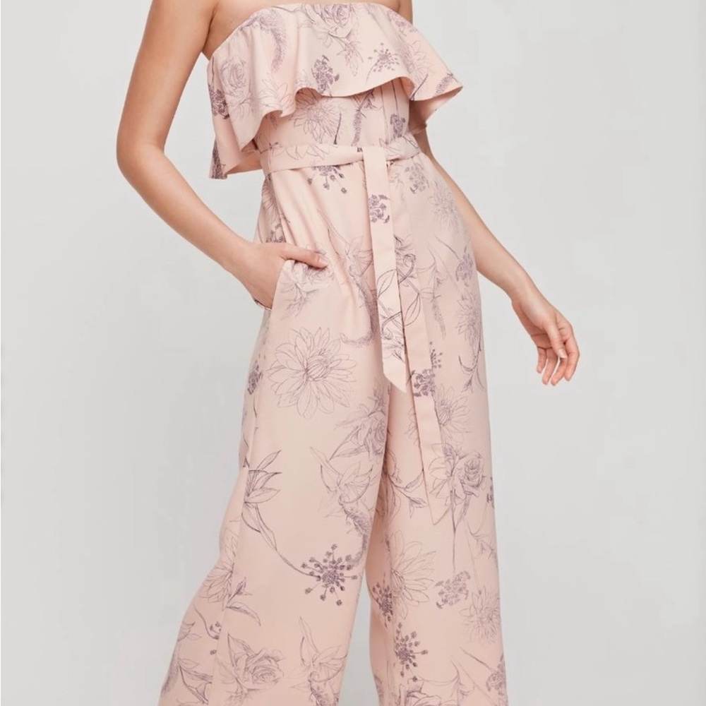 Babaton Pink Jumpsuit with Ruffled Overlay and Wide-Leg Design